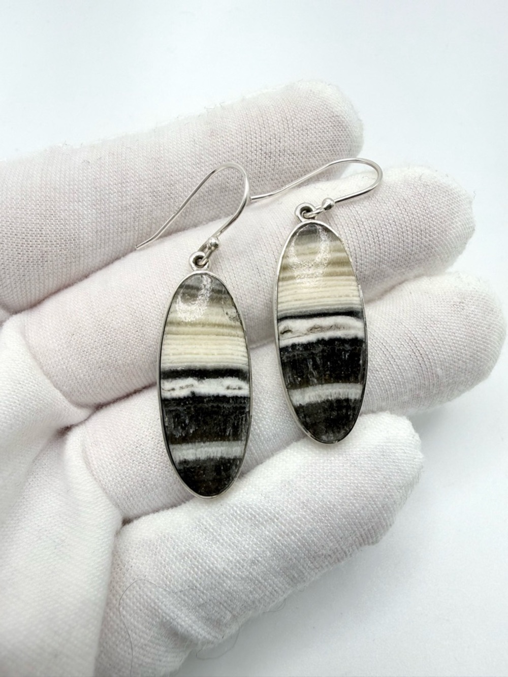 Zebra Calcite .925 Sterling Silver Long Oval Earrings